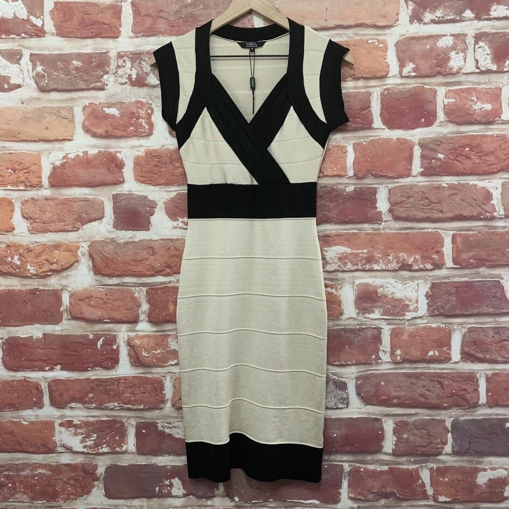 Julien Macdonald Star Dress Women's Size 10 Cream Black Stretchy Bodycon Knit